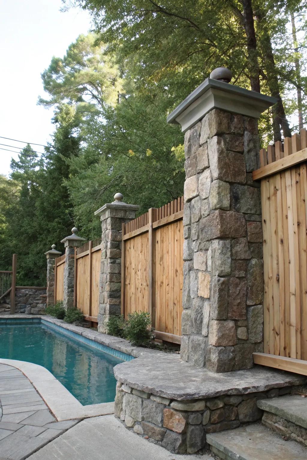 A serene mix of stone and timber shapes a country-style pool barrier.