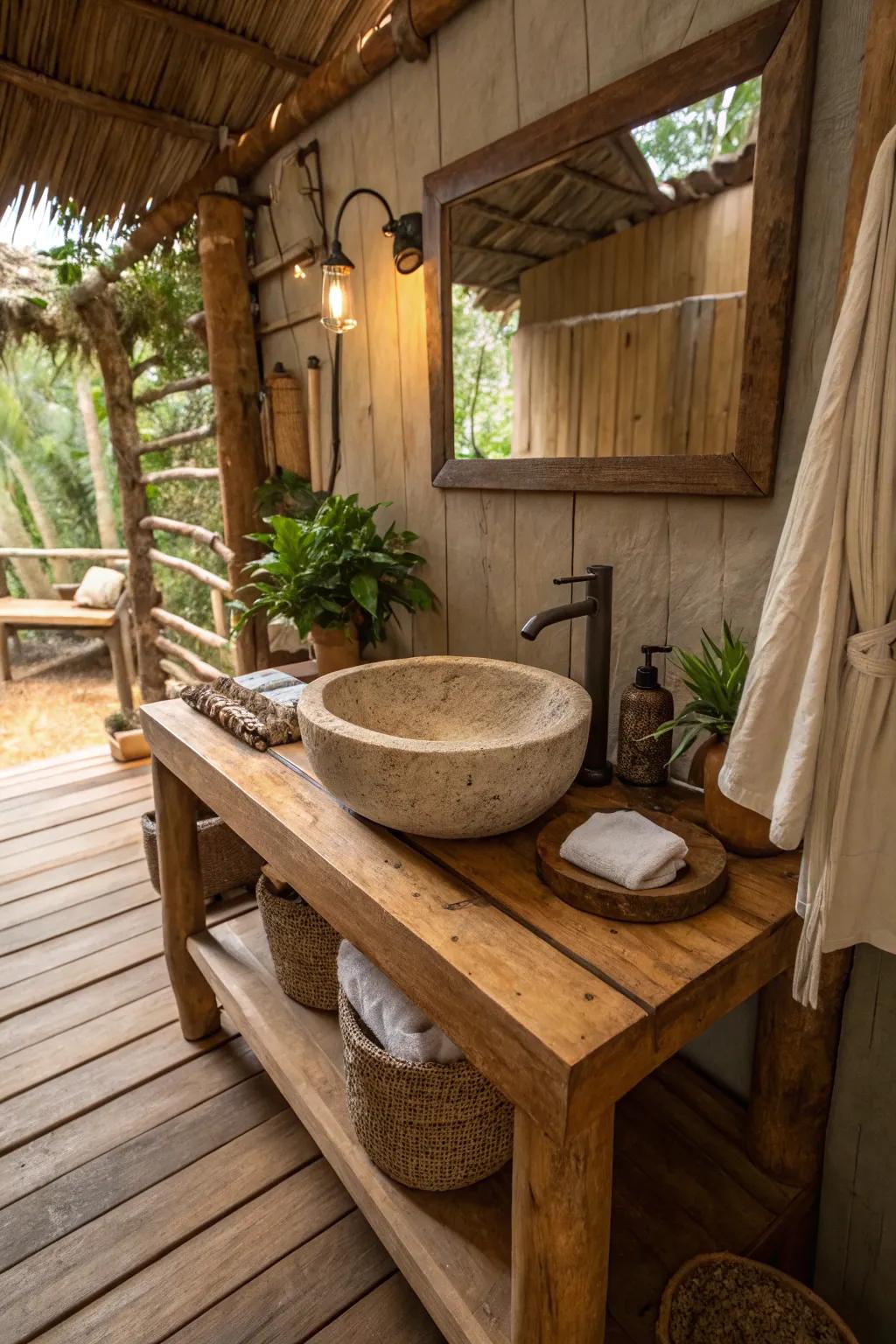 A natural stone basin brings an earthy touch to the bathroom.
