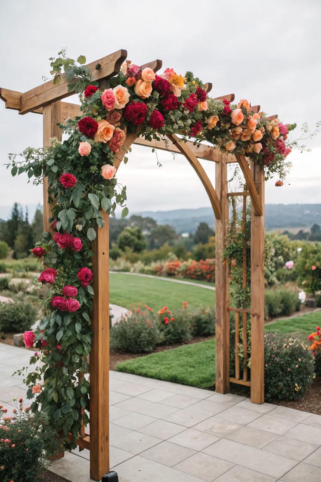 A bloom-filled garden-inspired arch radiating hues and vitality.
