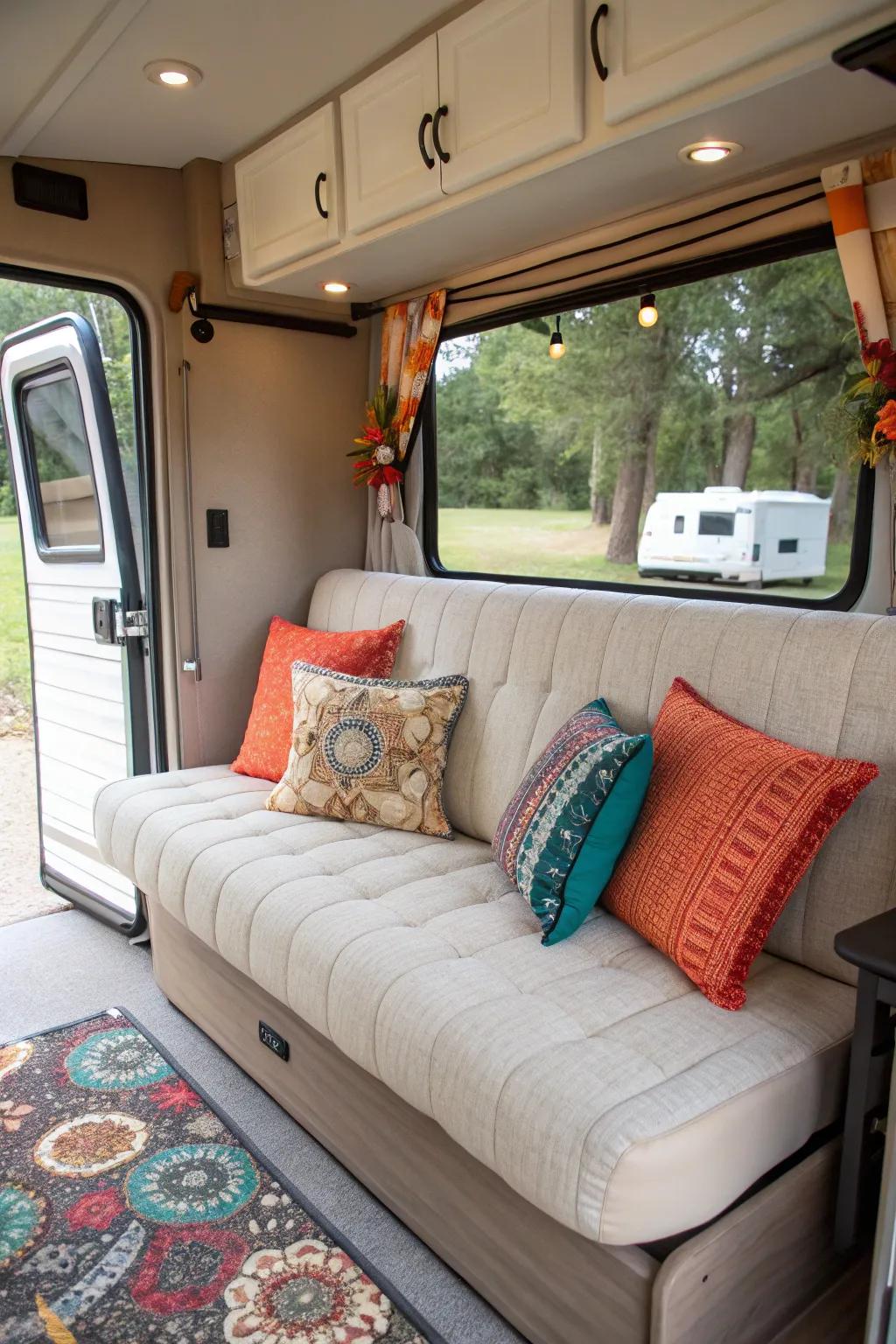 Convertible futons bring both style and practicality in an RV.