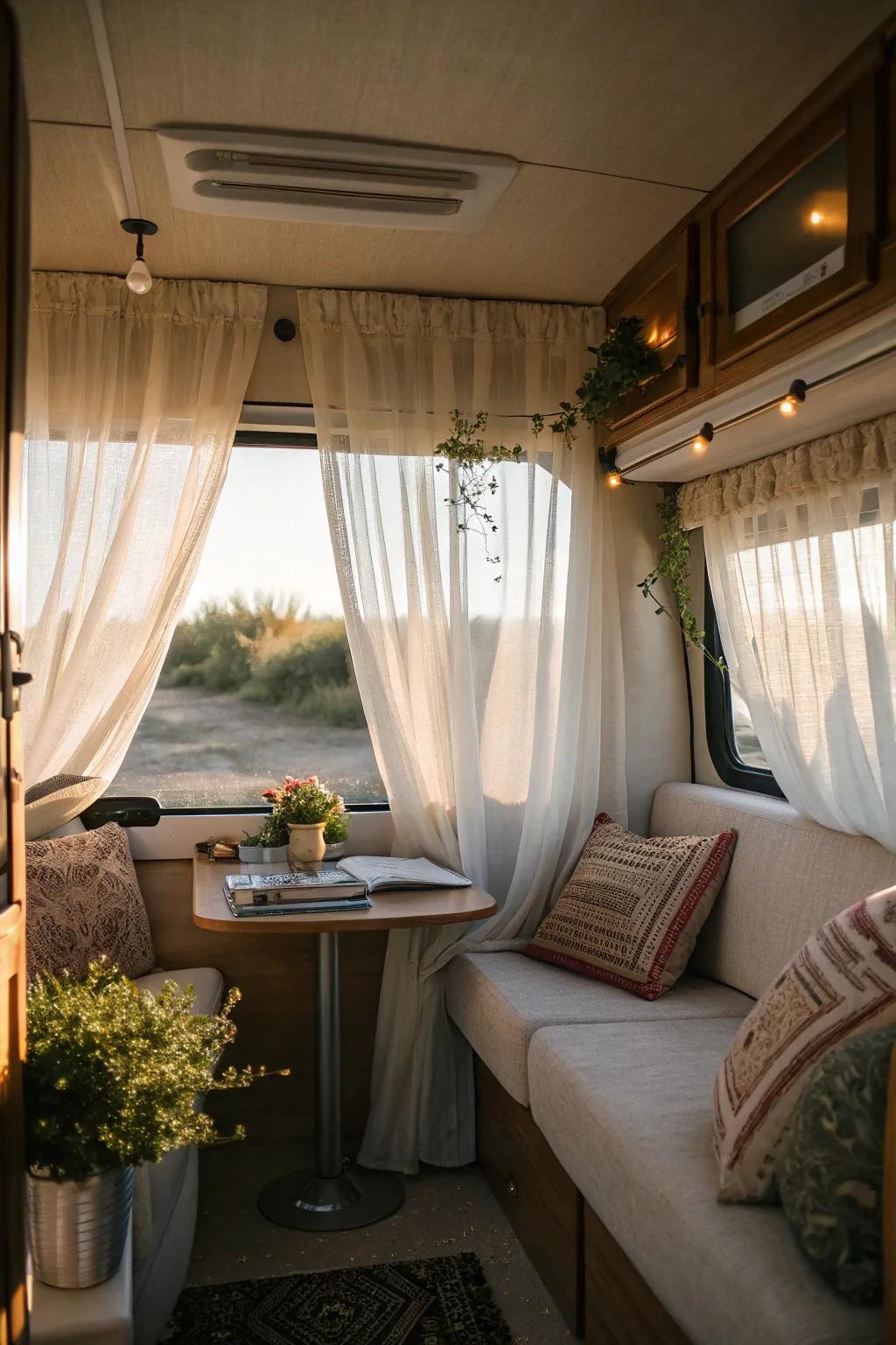 Fill your RV with gentle light using sheer curtains.