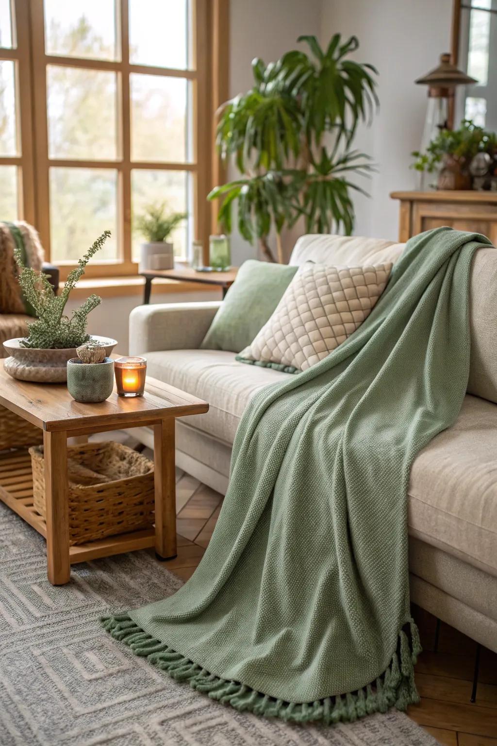 A comforting sage green throw brings warmth and style to your home.