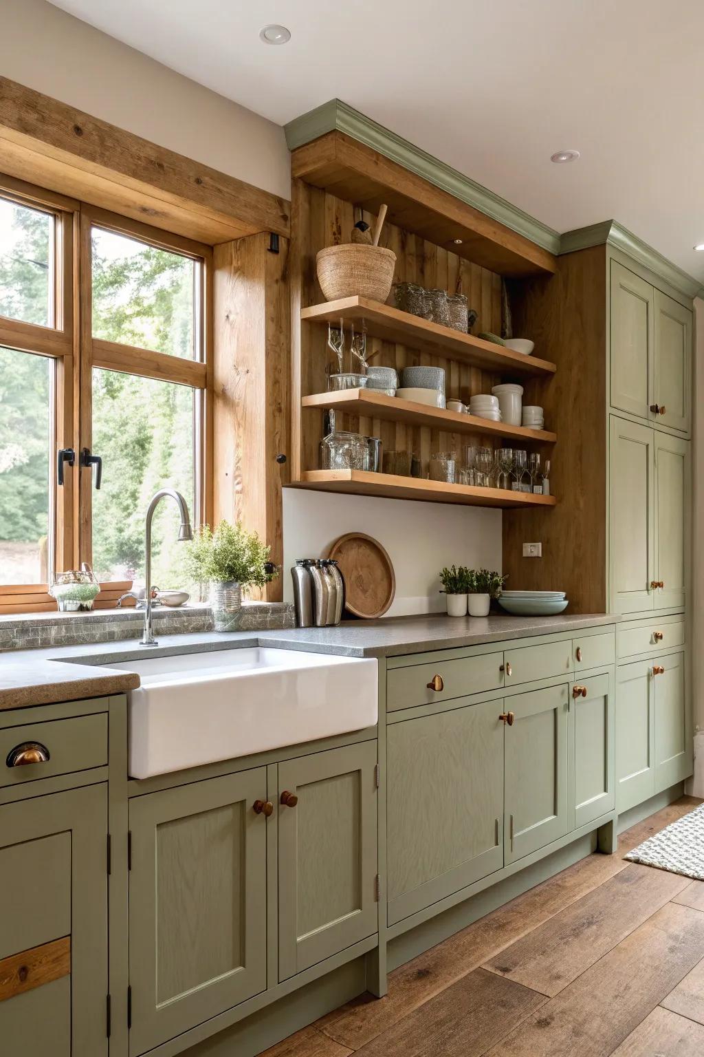 Timber shelving enhancing green tea cabinetry.