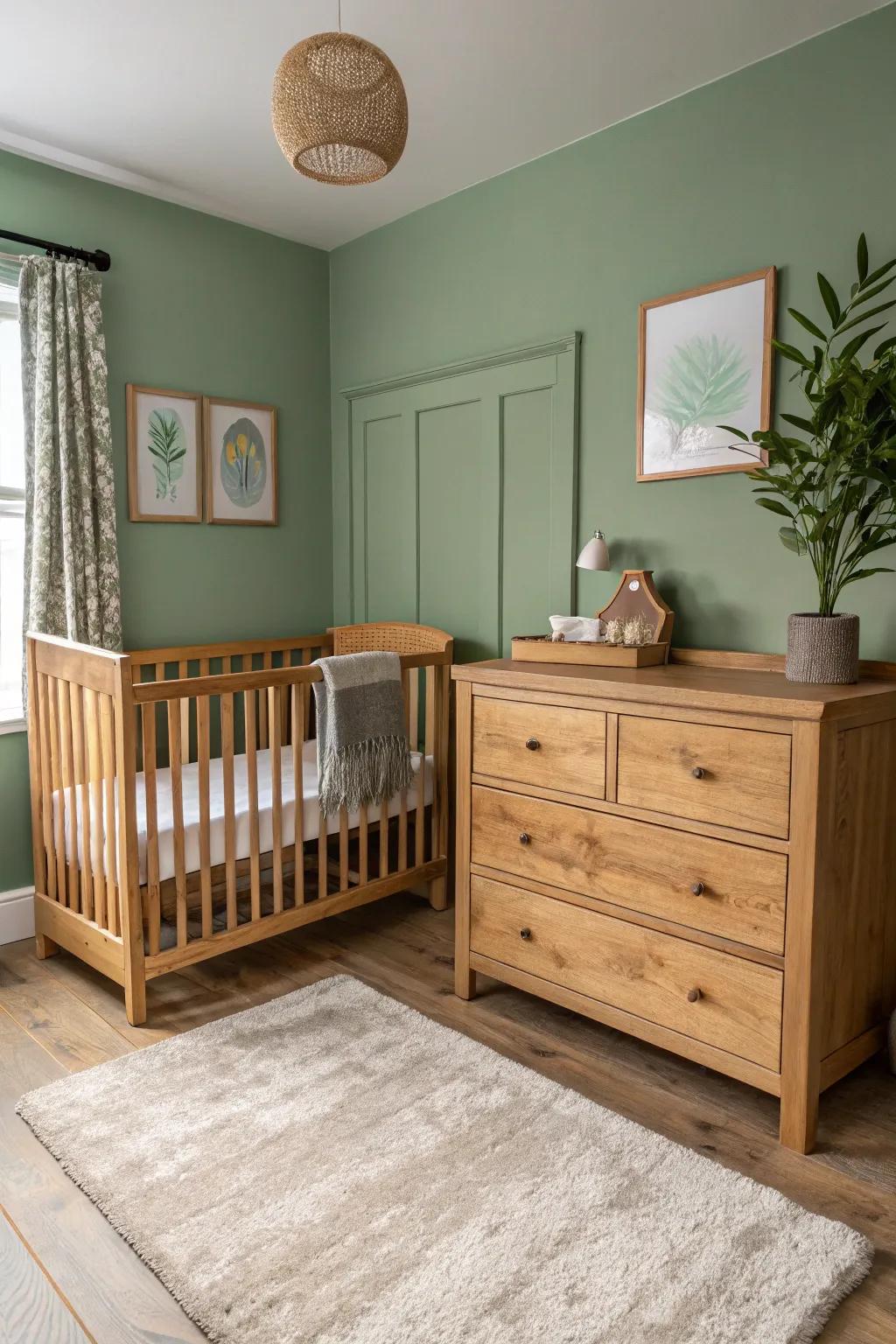 Natural wood furniture perfectly complements soft leaf green walls.