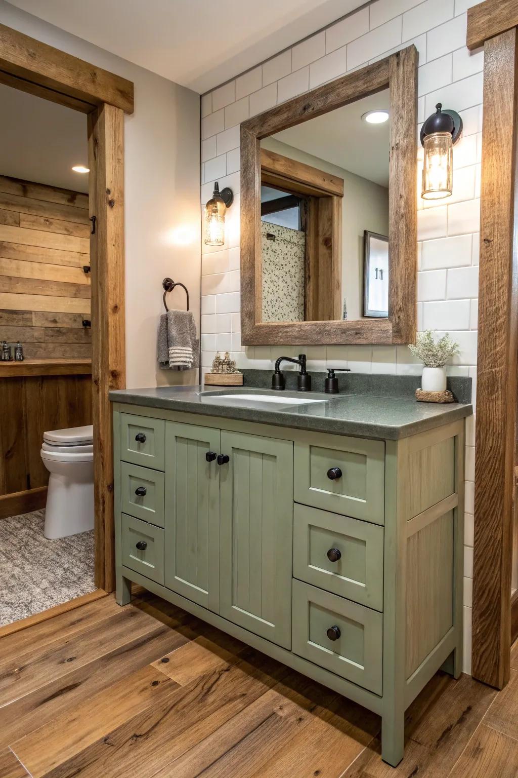 A country bath with a willow tint vanity complimented by raw wood parts.