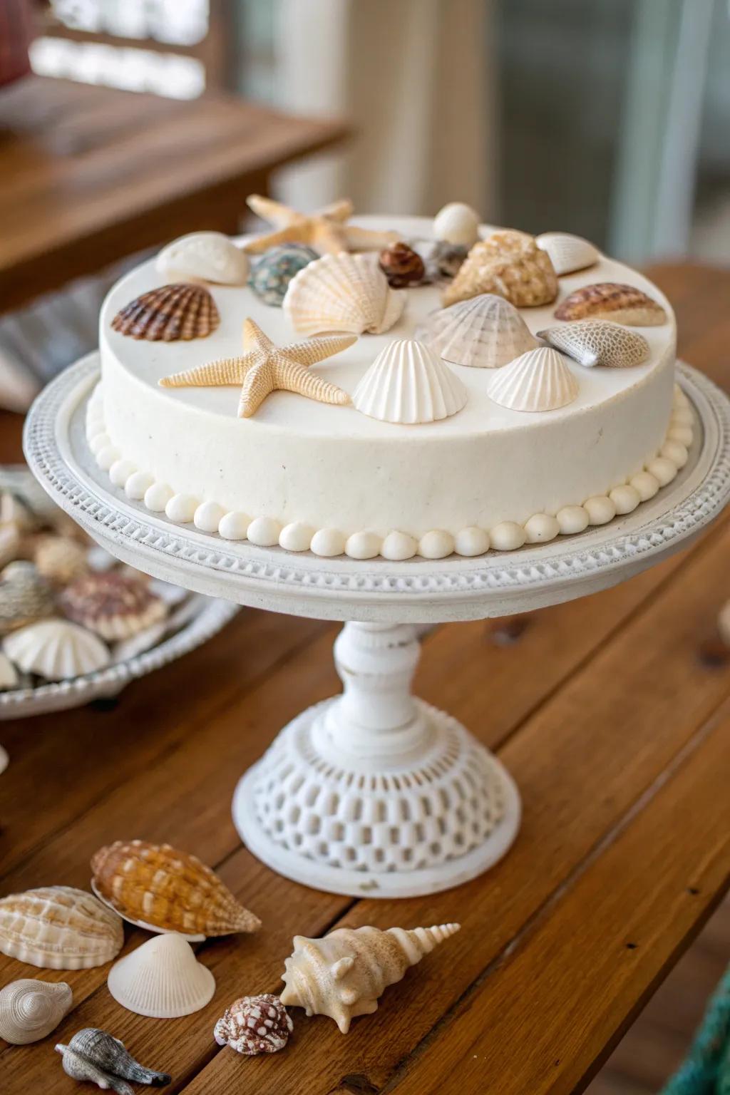 Seashells gracefully arranged on a dessert display, injecting height and visual fascination into your aesthetic.