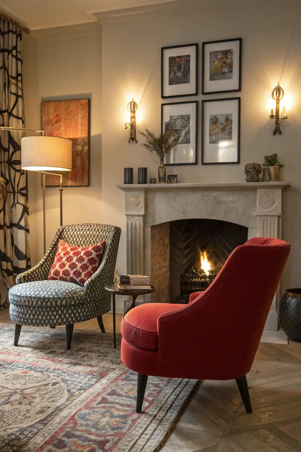 Statement chairs function as elegant focal points encircling a welcoming fireplace.