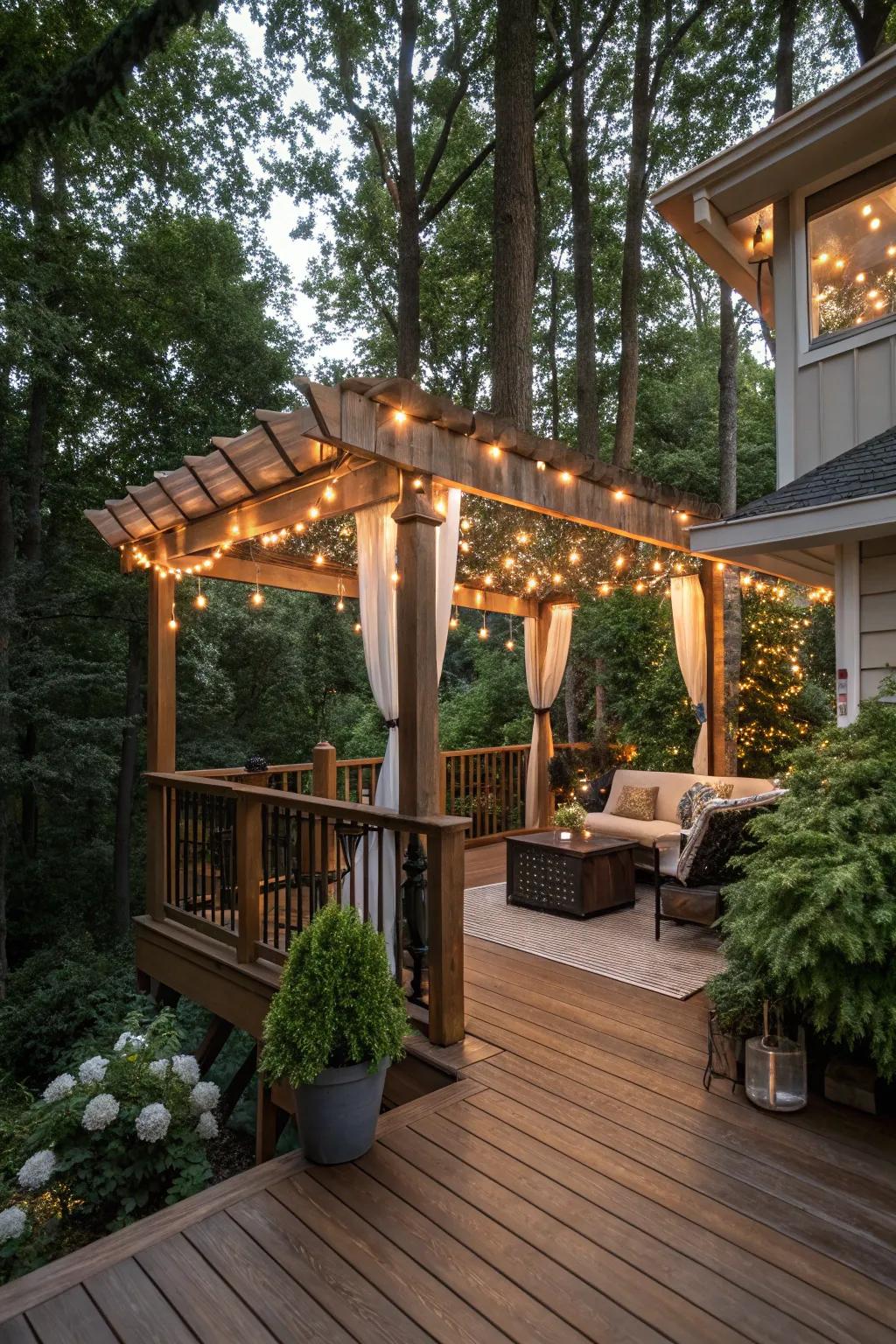 A deck with a pergola, providing shaded sophistication and a comfortable setting.