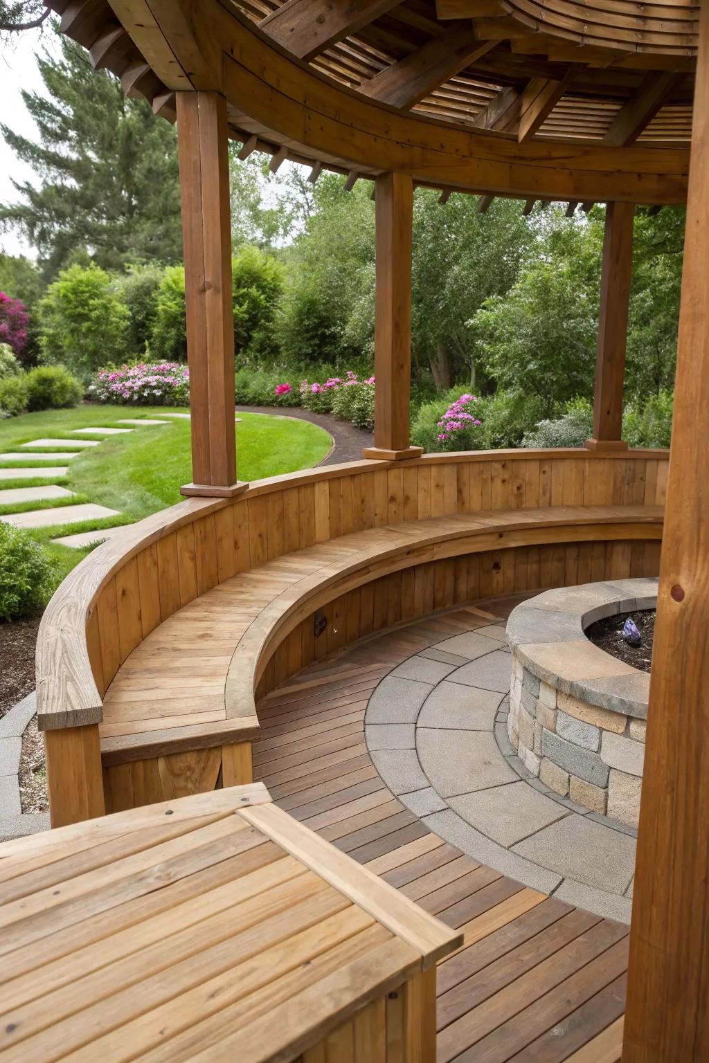 Curved seating that matches the patio's outline intensifies the social atmosphere.