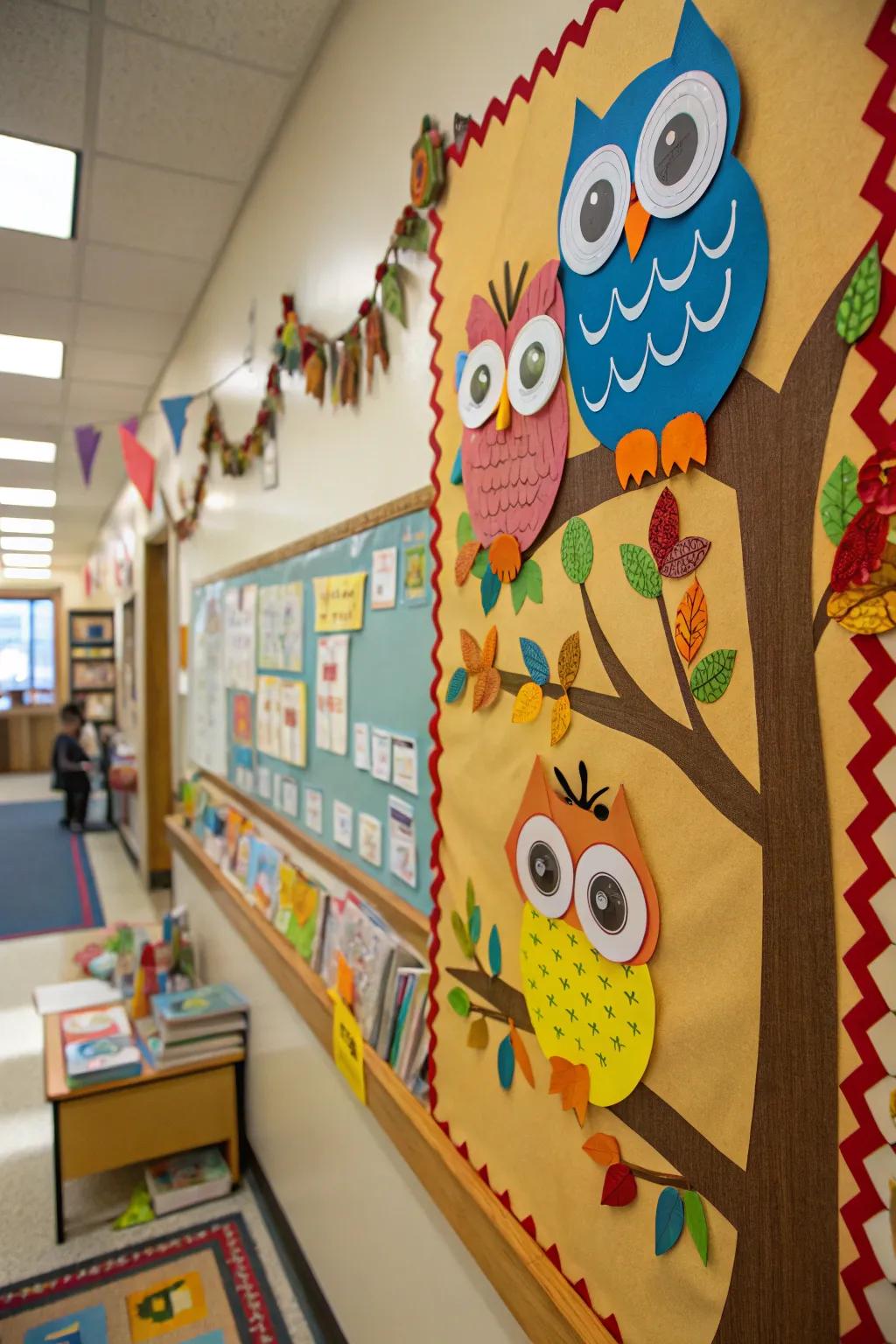 A whimsical preschool display board showcasing owls with interactive elements.
