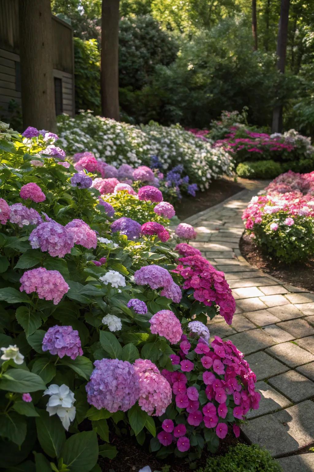 Brilliant hydrangeas and impatiens injecting color into the shadows.