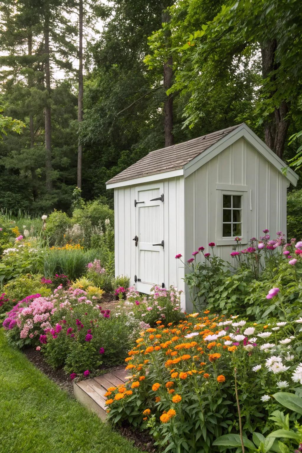 A pristine white shed offers a sleek, modern touch in any garden setting.