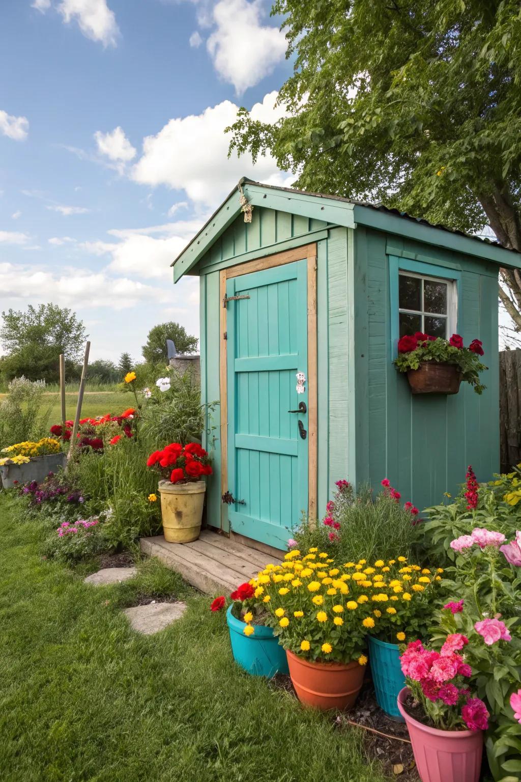 A garden shed boasting a vibrant turquoise door, adding a pop of color to the garden.