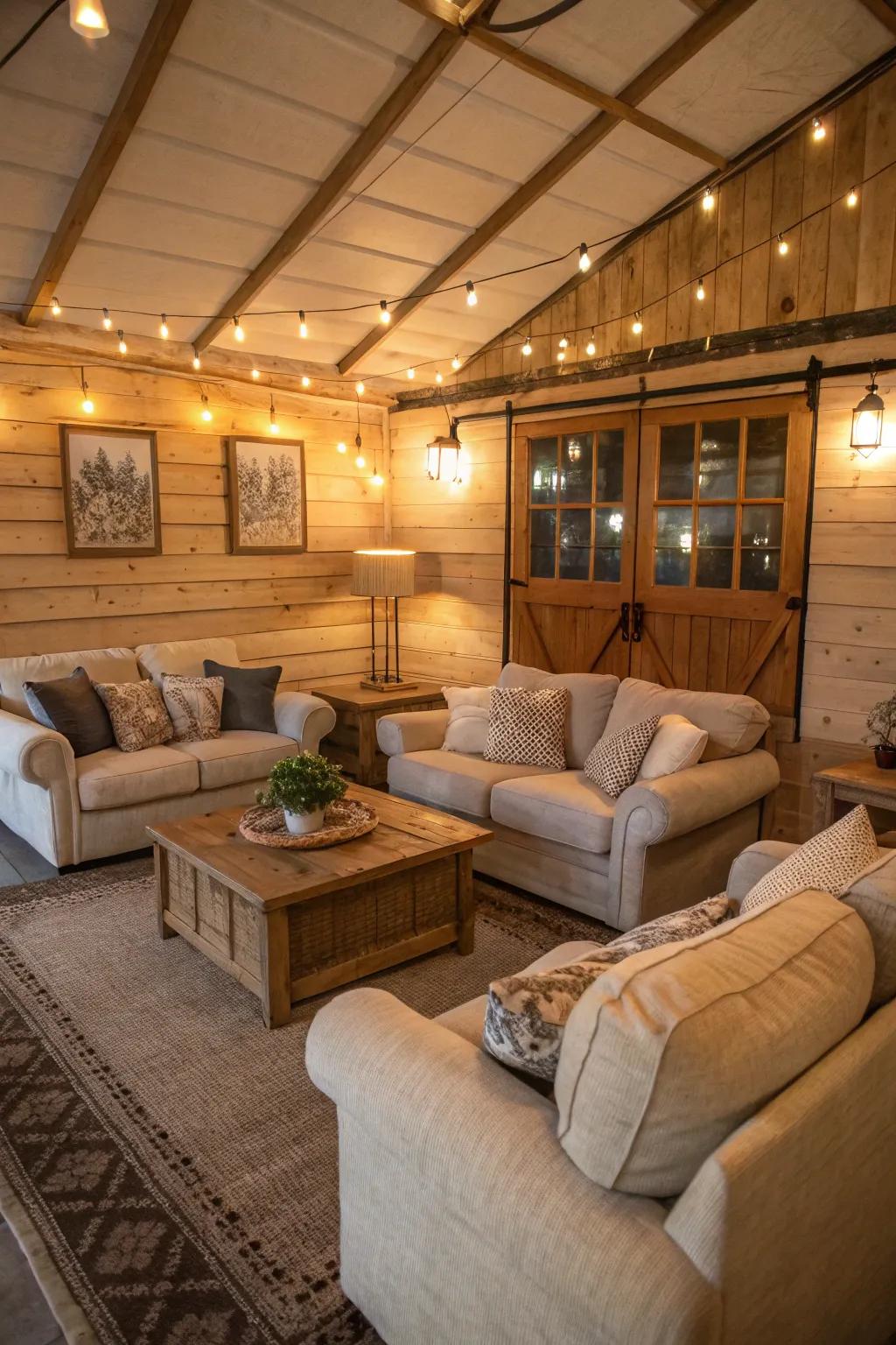 A cozy living space in a shed home featuring plush seating and gentle illumination.