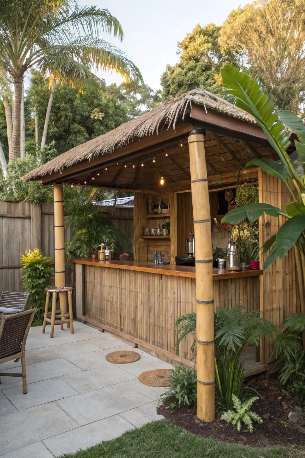 Design a tropical paradise with a Tiki-themed shed bar.