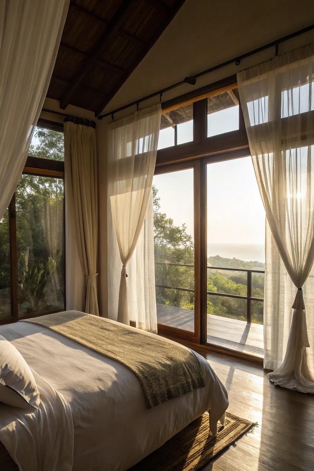 Delicate panels temper and improve natural radiance, engendering a tranquil and inviting slumber space.
