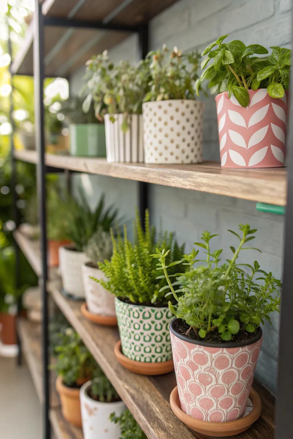 A shelf beautifully enhanced with petite potted plants and lush greenery.
