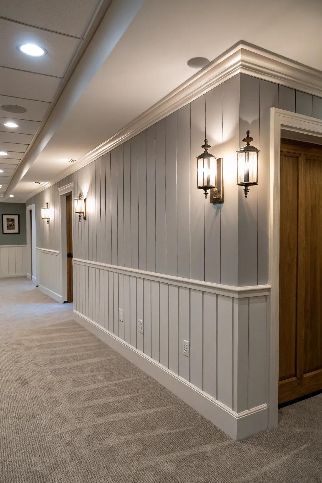 Upright paneling walls amplify the perceived height in this chic basement.