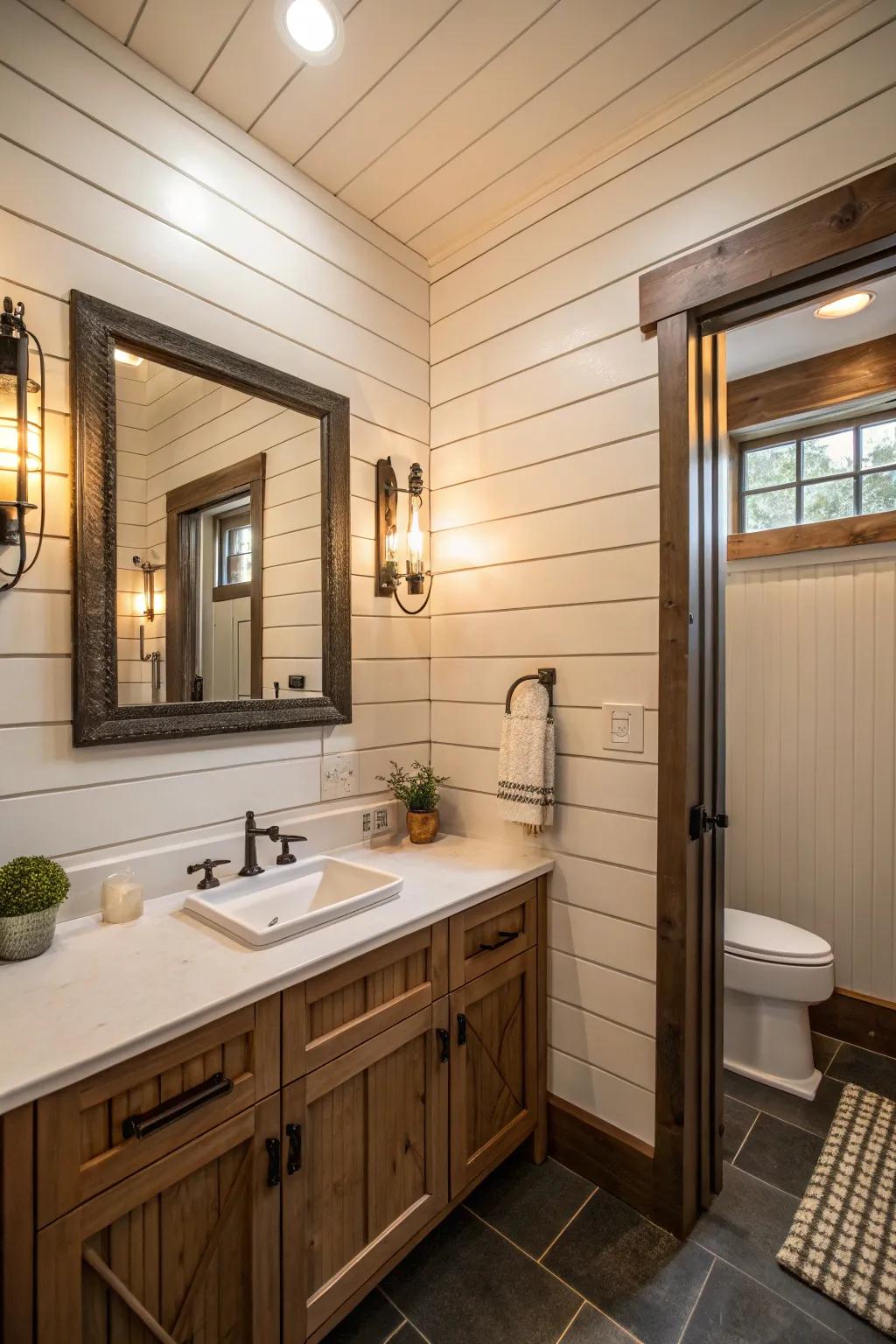 A comfortable bathroom featuring upright plank-clad walls that heighten the space.