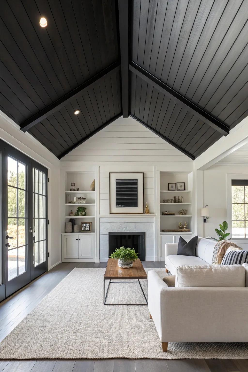 A dramatic, deep-hued shiplap ceiling adds remarkable depth to the room.