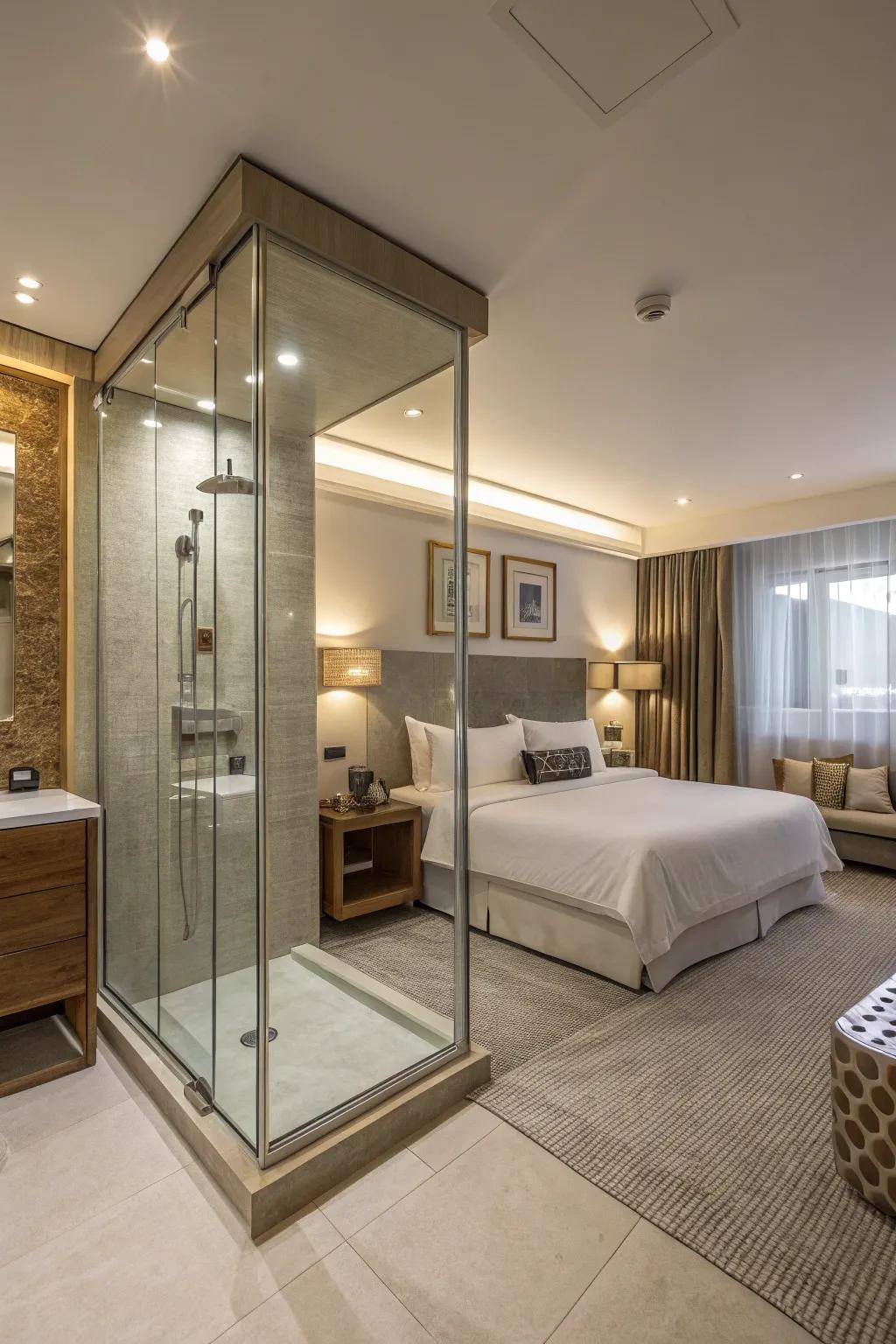 An elegant glass surround adds a stylish component to the bedroom shower.