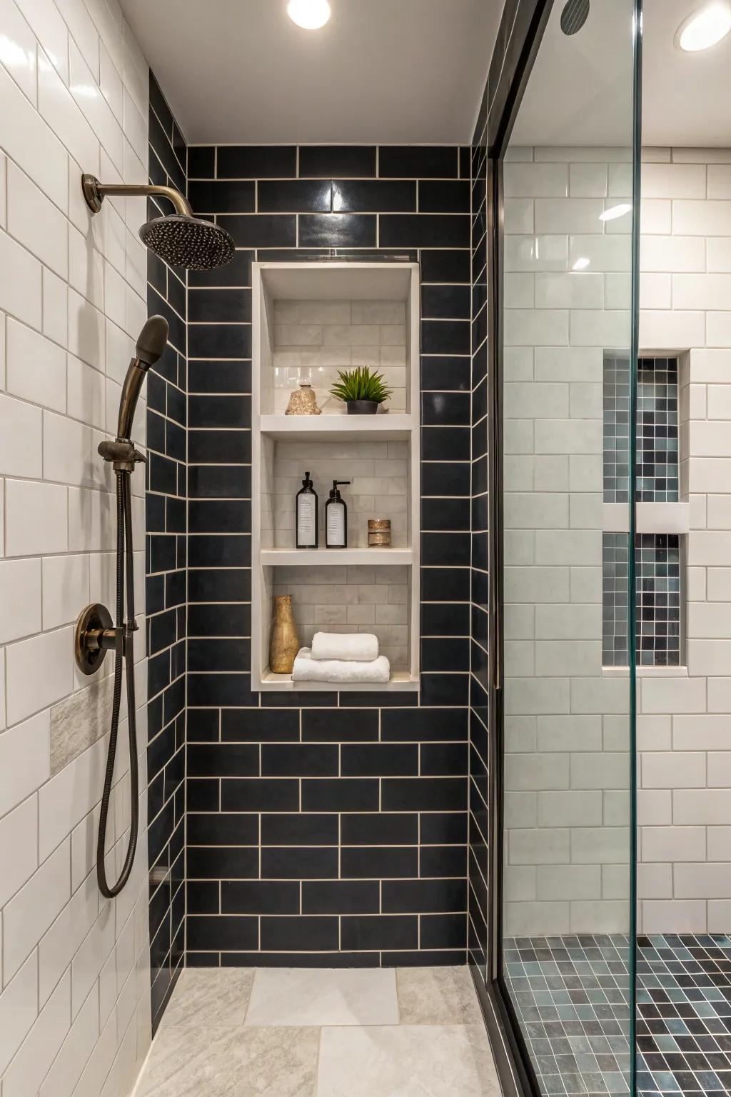 Bold opposing frame surrounding a shower niche