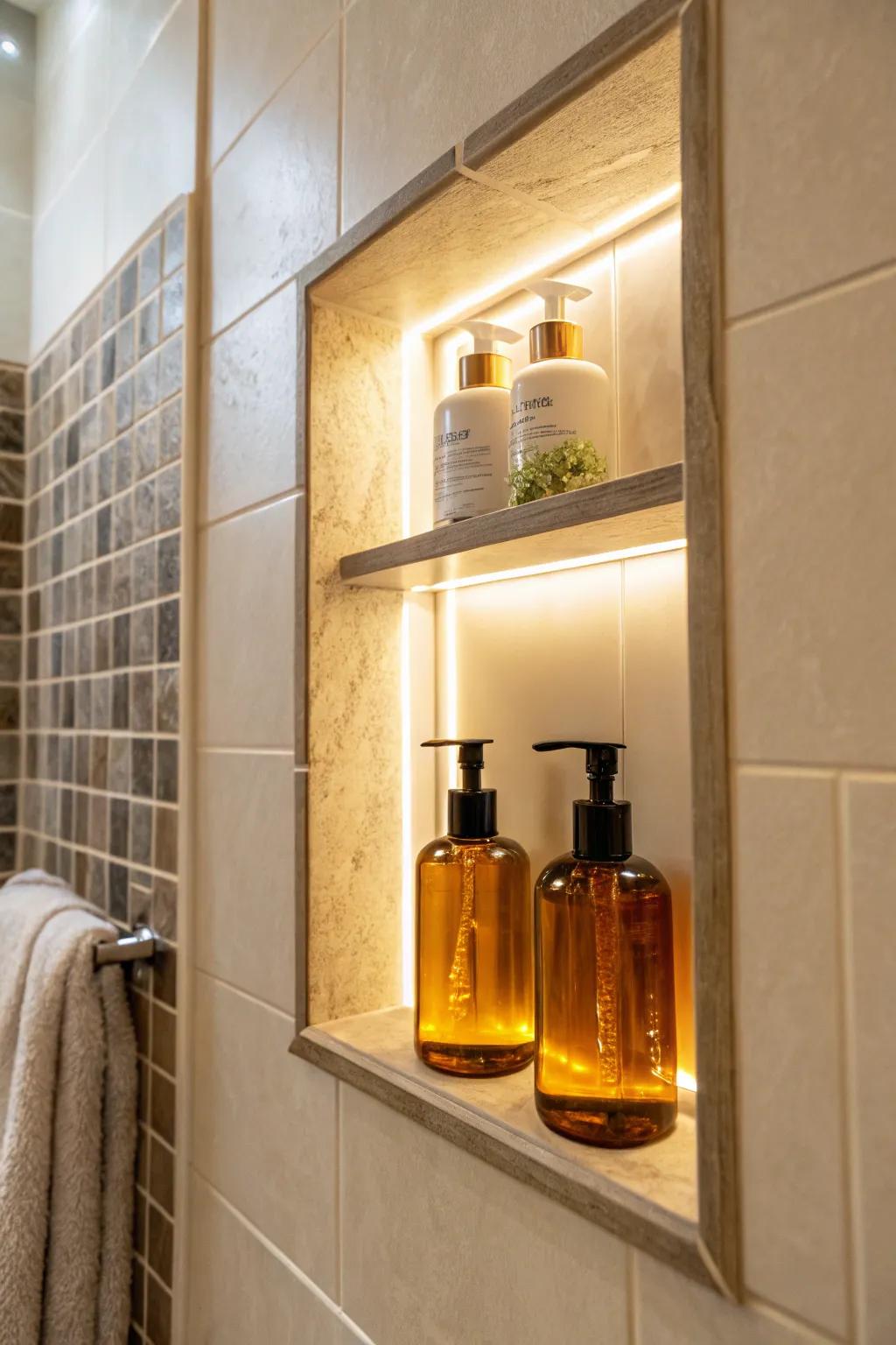 Recessed niches with LED lighting foster a comforting, welcoming ambiance.