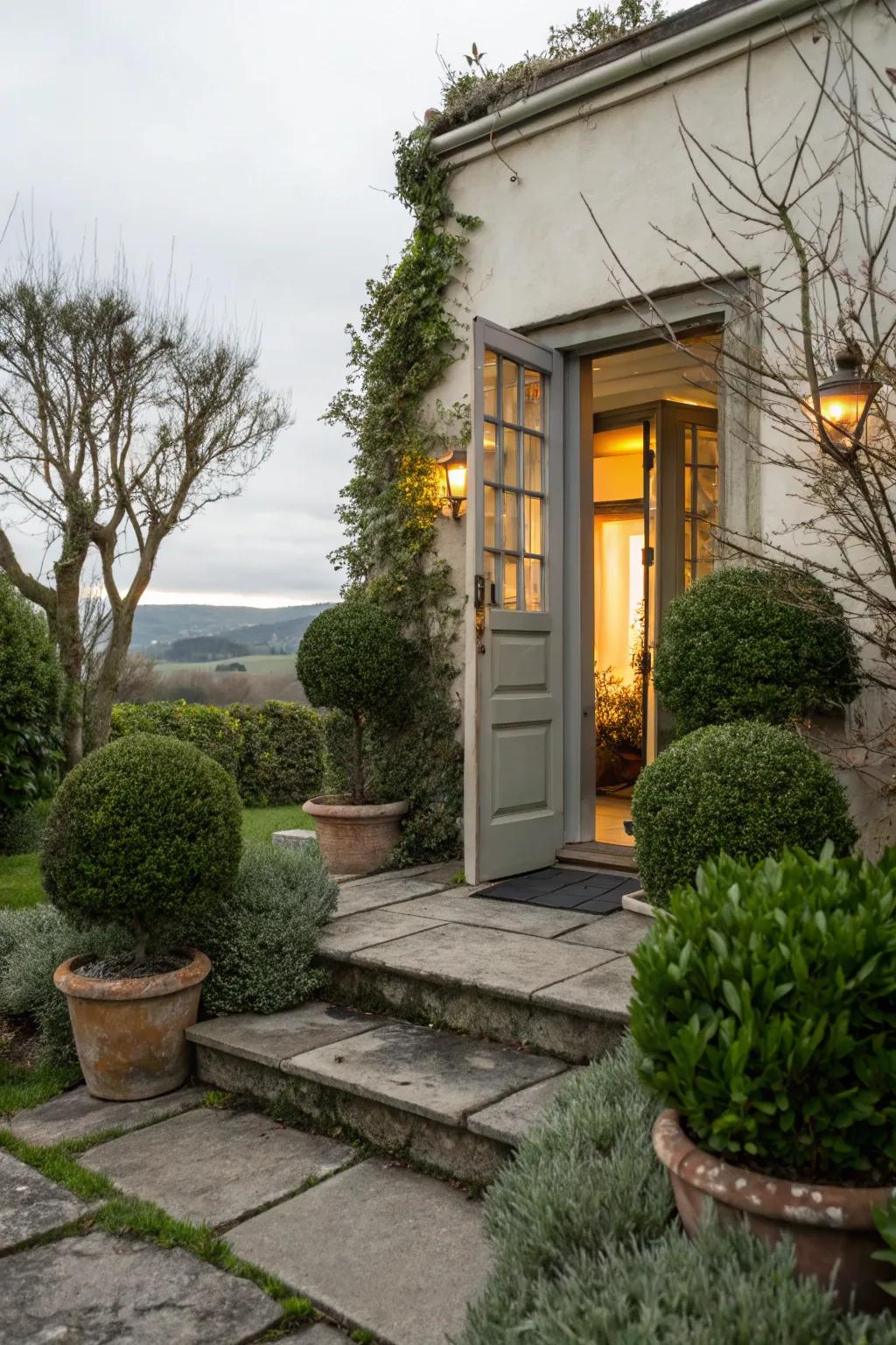 Potted plants contributing a natural flair to the side entrance.