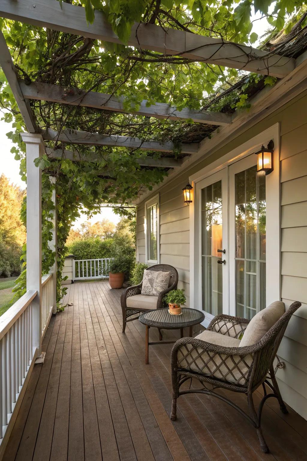 A shaded veranda featuring a trellis, ideal for savoring sunny days.