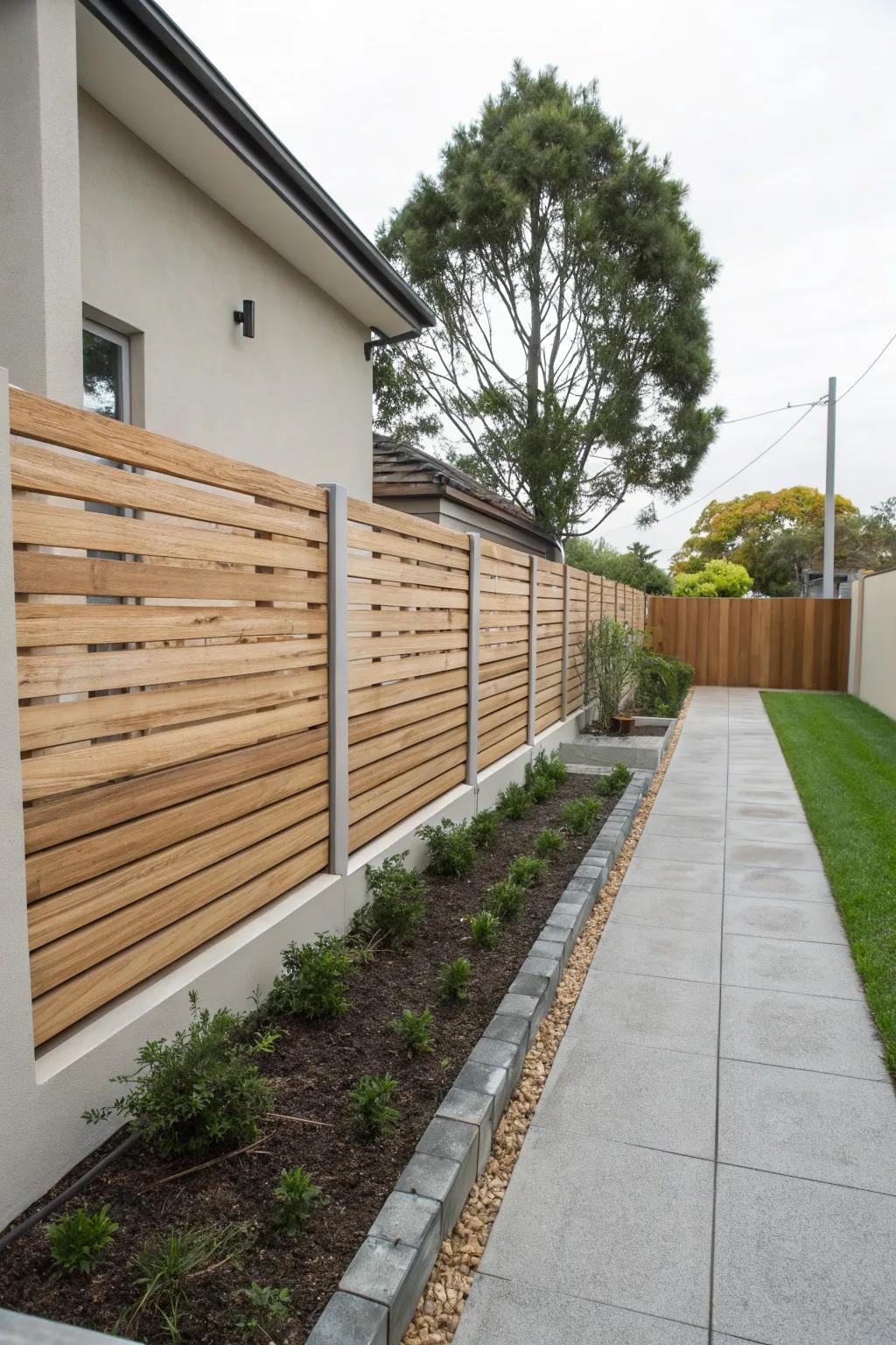 Sleek side yard using horizontal slats.