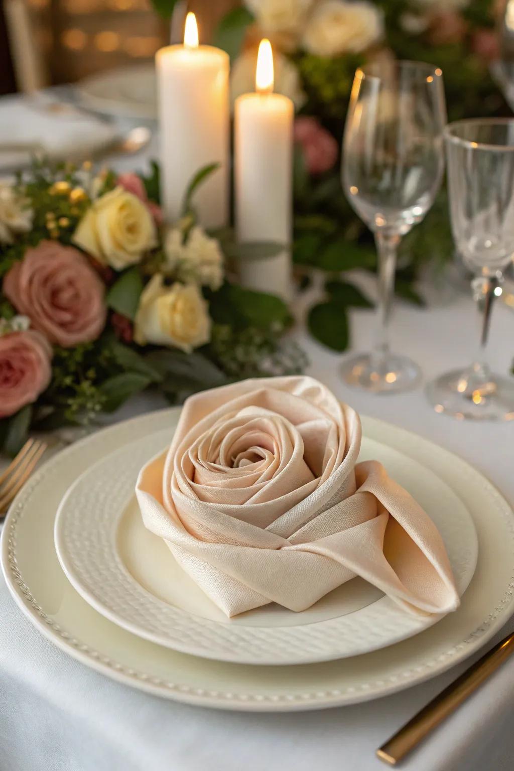A cloth artistically molded into a rose, suitable for setting up a romantic dining setting.