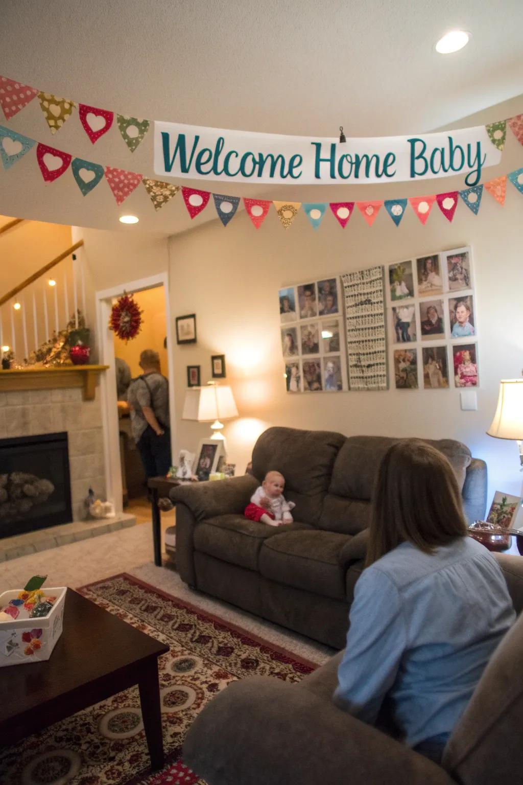 A custom banner introduces a personal element to the welcoming decorations.