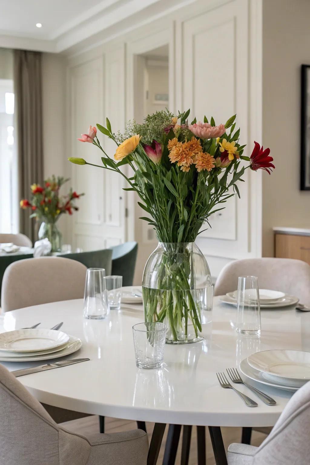 A straightforward glass vase with flowers creates an exquisite centerpiece.
