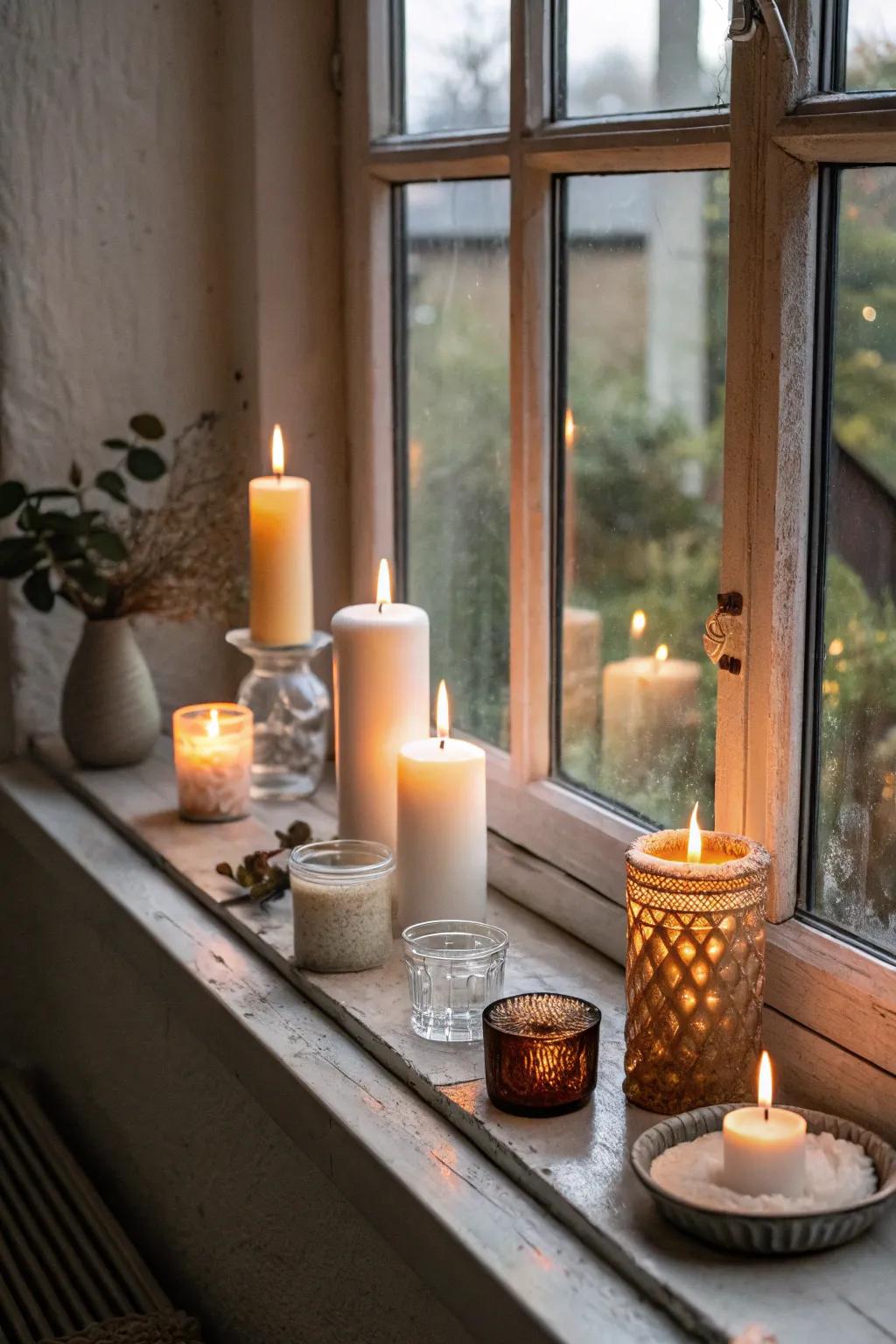 Conjure a captivating glow using assorted lights set on your window sill.