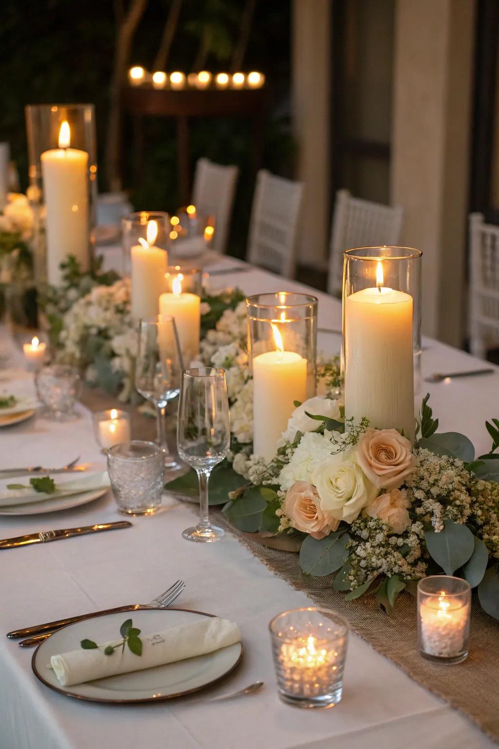 Candles disseminating a romantic luminance upon the wedding dining surface.