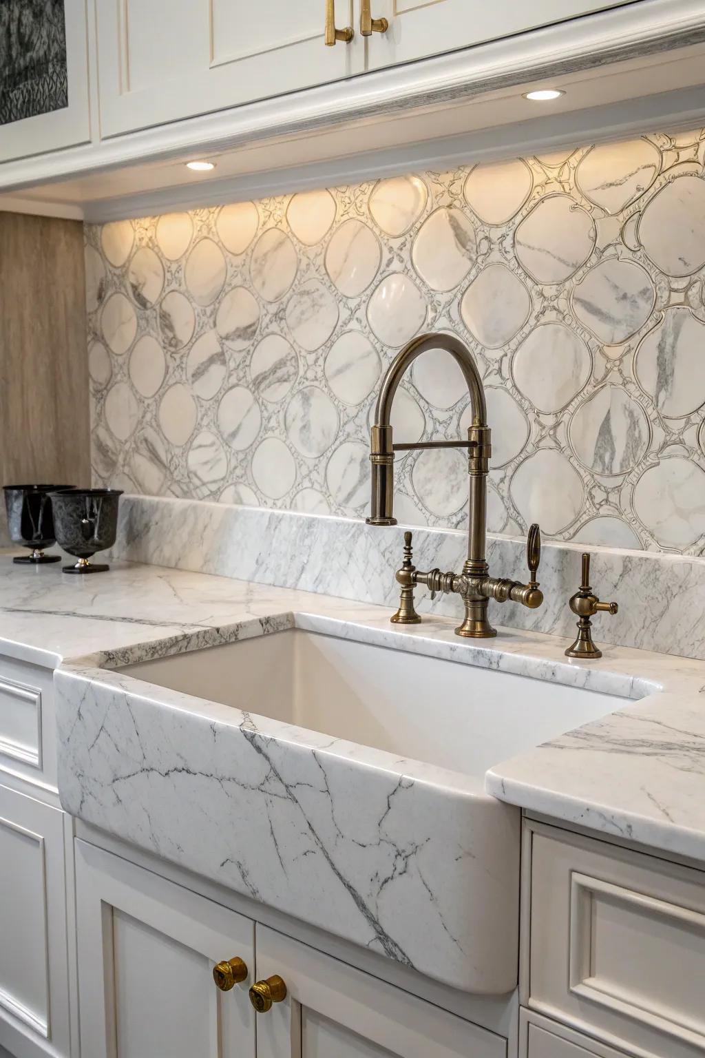Refined rock backsplash elevates the kitchen's elegance.