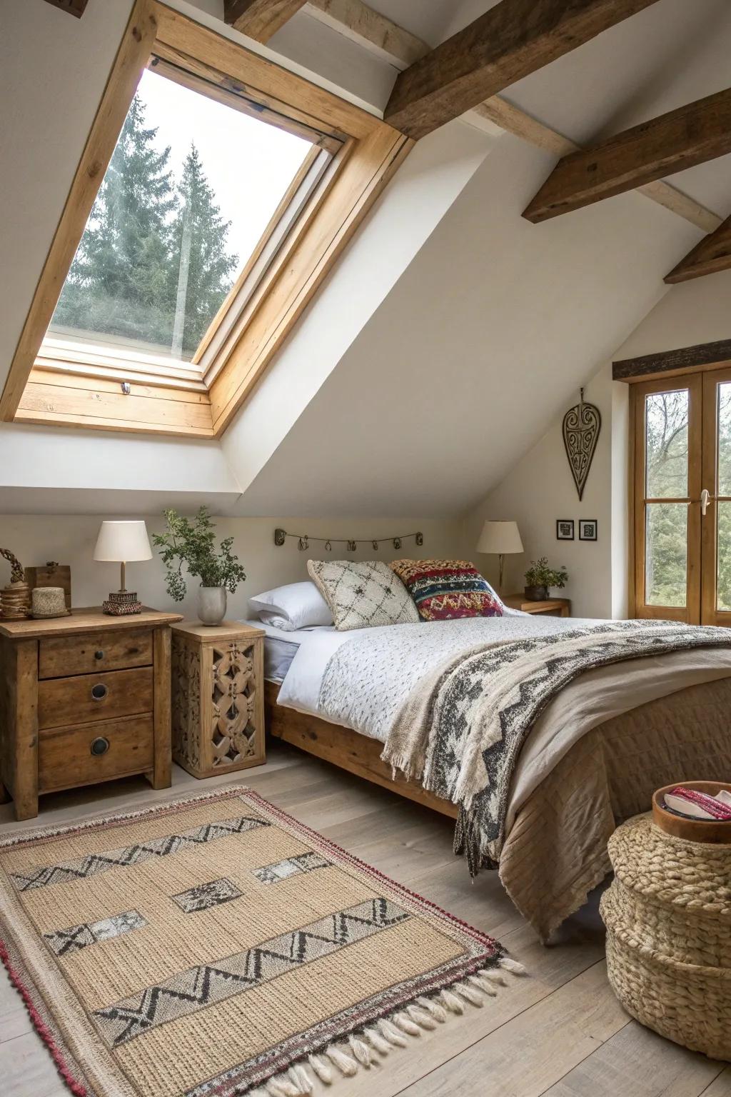 A snug bedroom showcasing a skylight trimmed with organic natural wood.