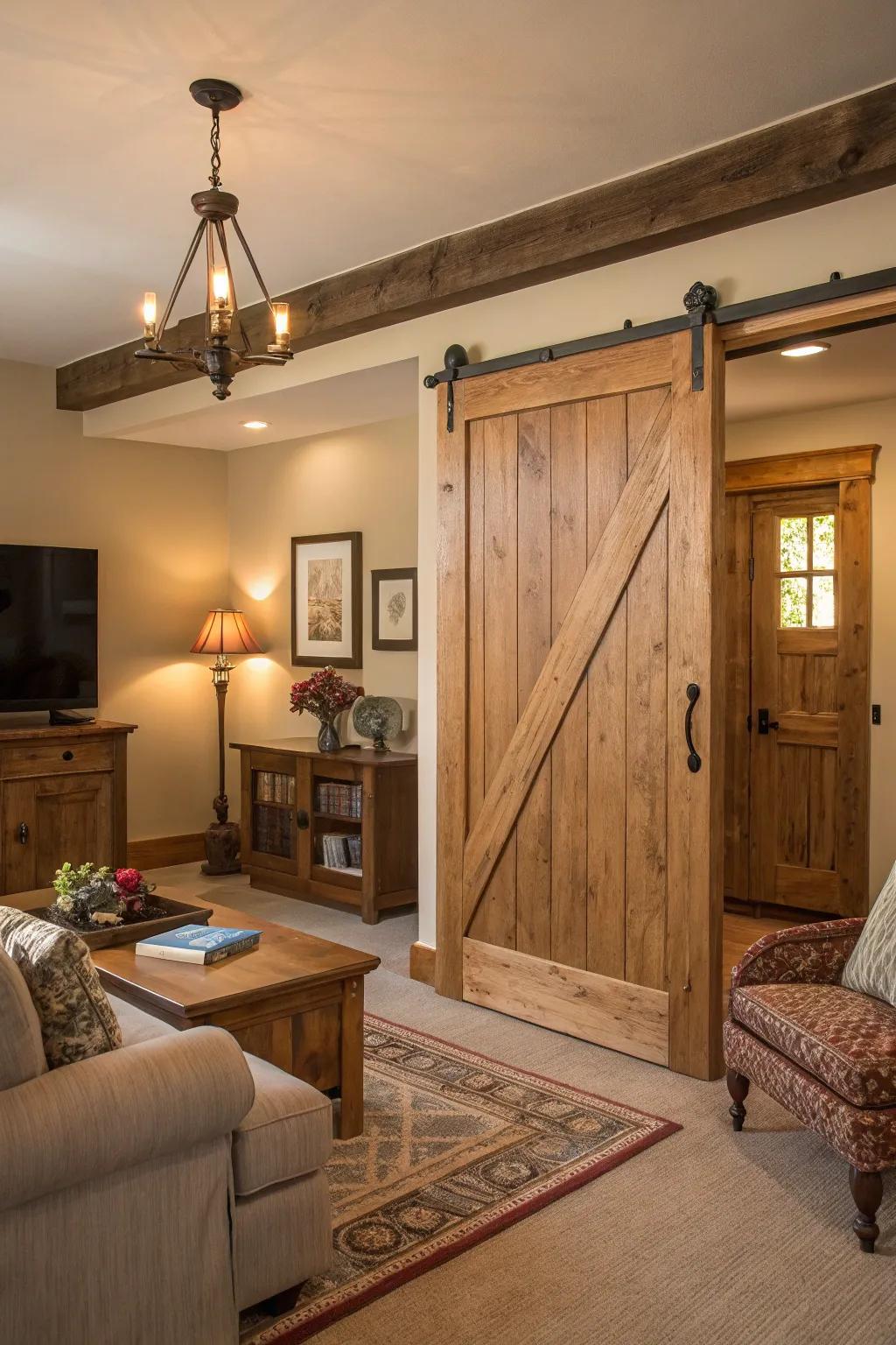 This wooden sliding door radiates warmth and charm in an inviting living space.