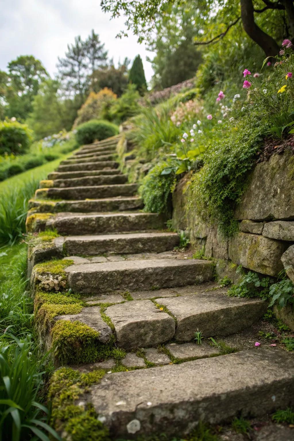 Stone stairways merge utility with organic charm.