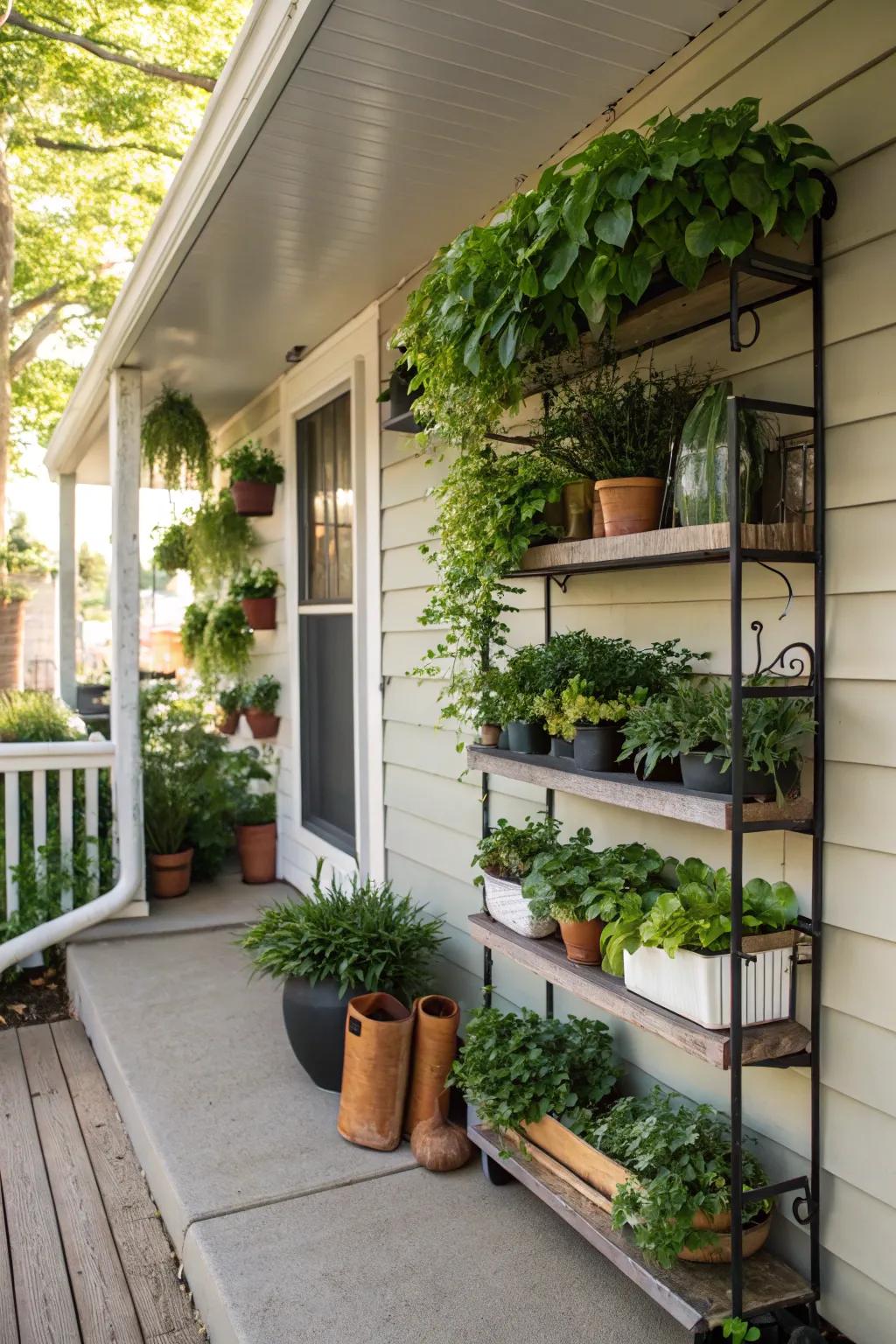 Vertical planters bring greenery to a compact back porch without taking away from floor space.