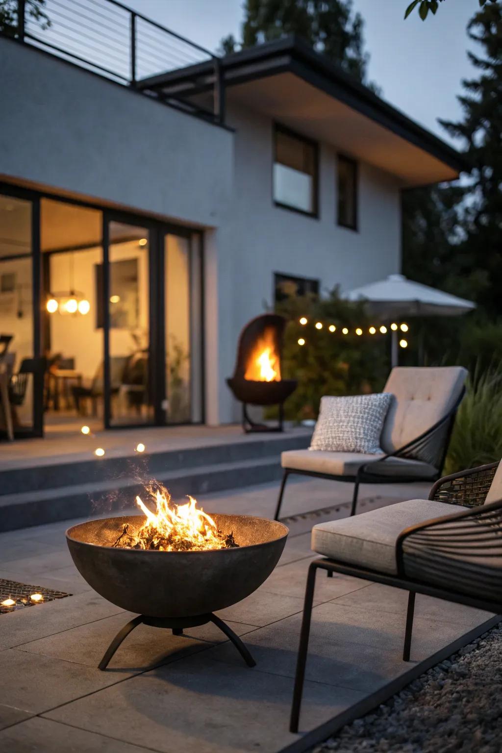 An elegant metallic hearth pan brings modern charm to a small outdoor arrangement.