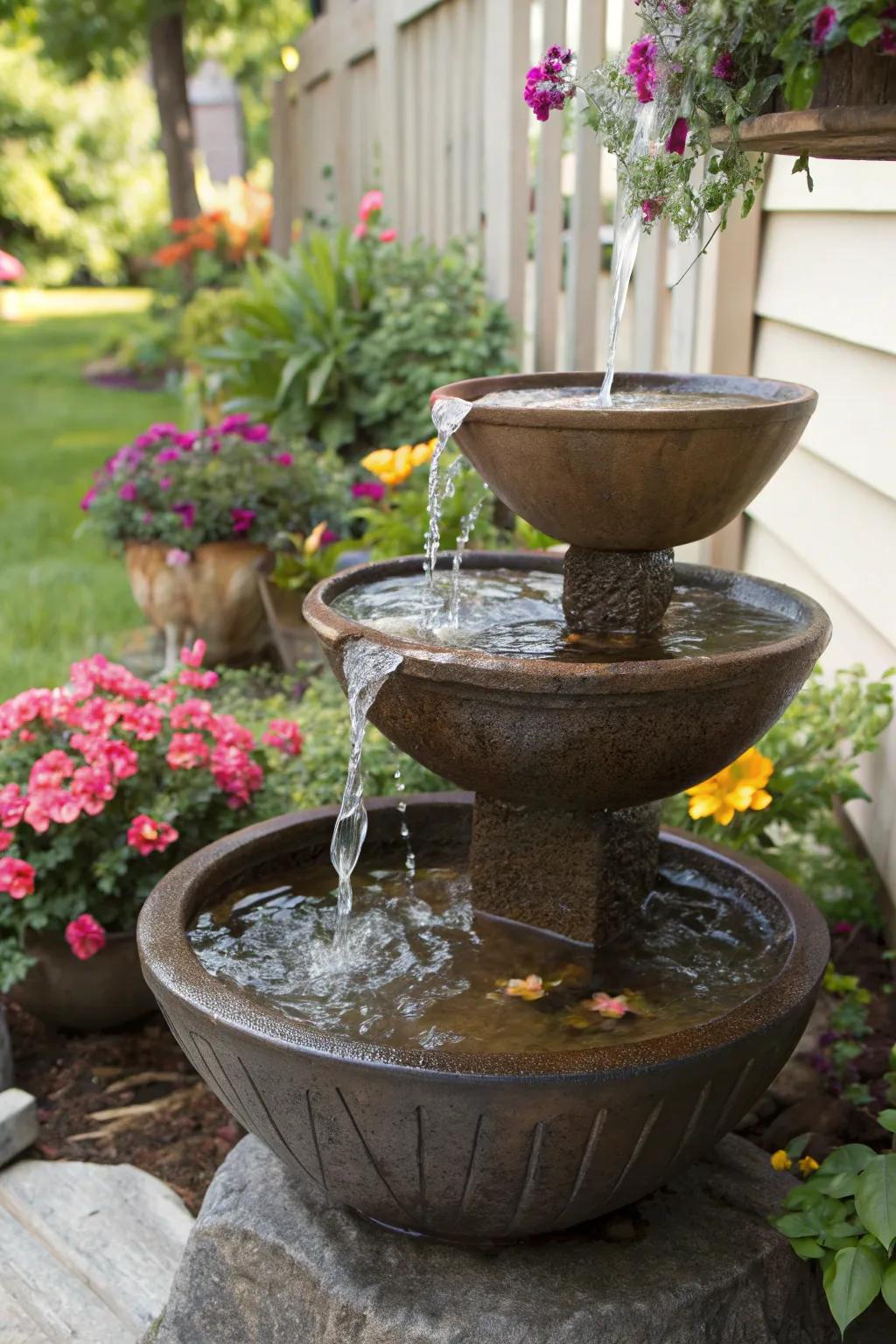 Tiered bowls fashion an impressive vertical waterfall element.