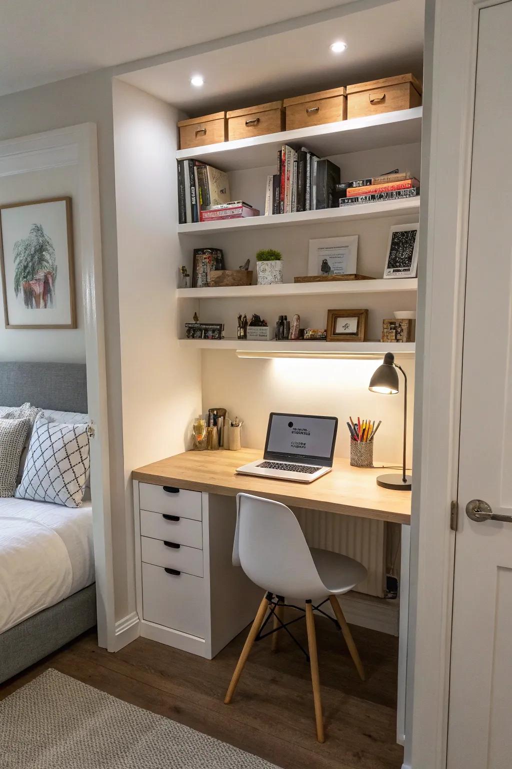 Integrated shelves effectively maximize vertical space.
