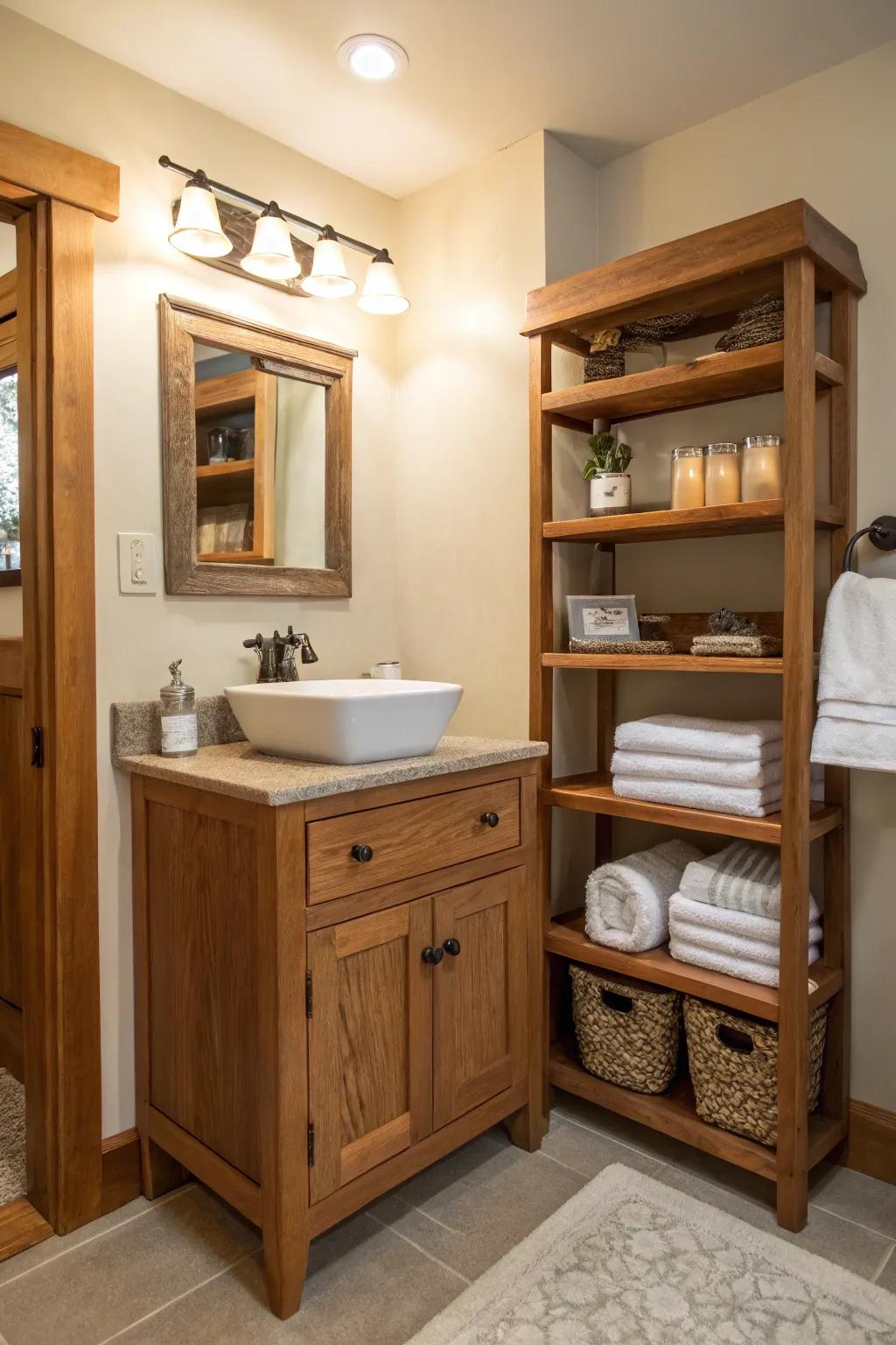 A timber vanity and shelves introduce warmth to the bathroom.