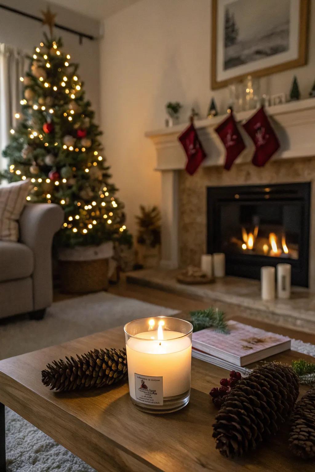 A fragrant candle creates a festive ambiance during the holidays.