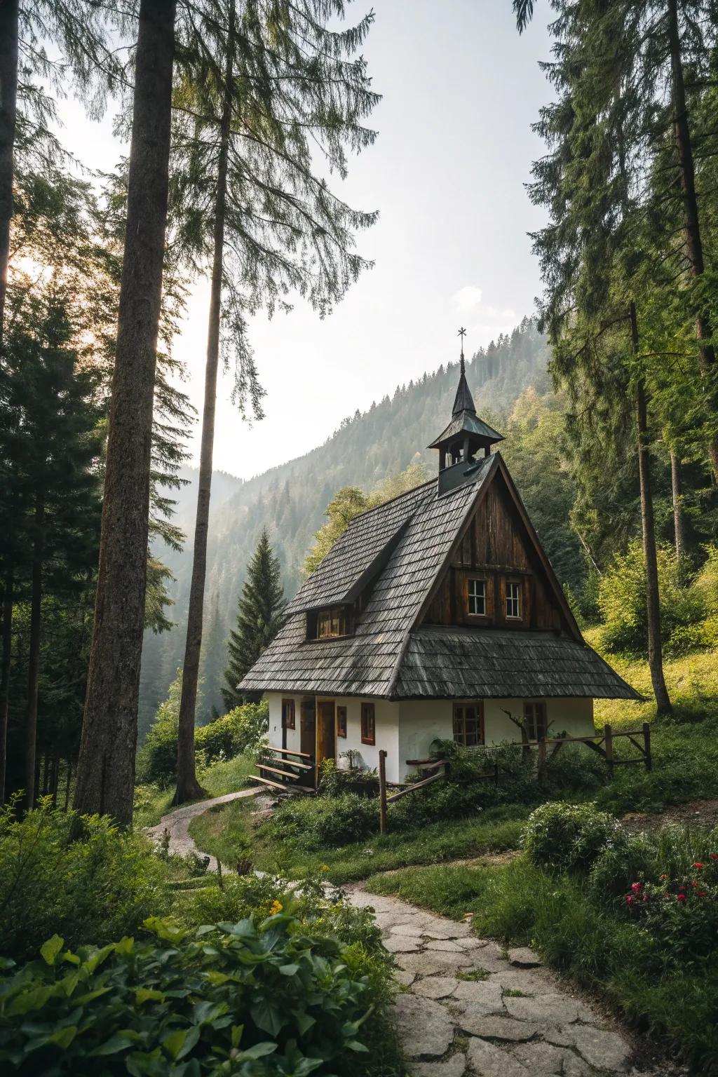 A cottage with a peaked roof nestled in a tranquil woodland.