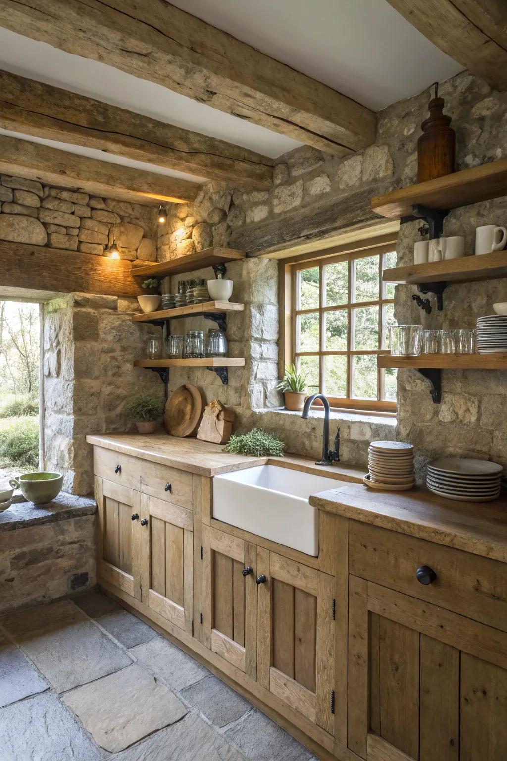 Natural materials bring rustic charm to this small cottage kitchen.