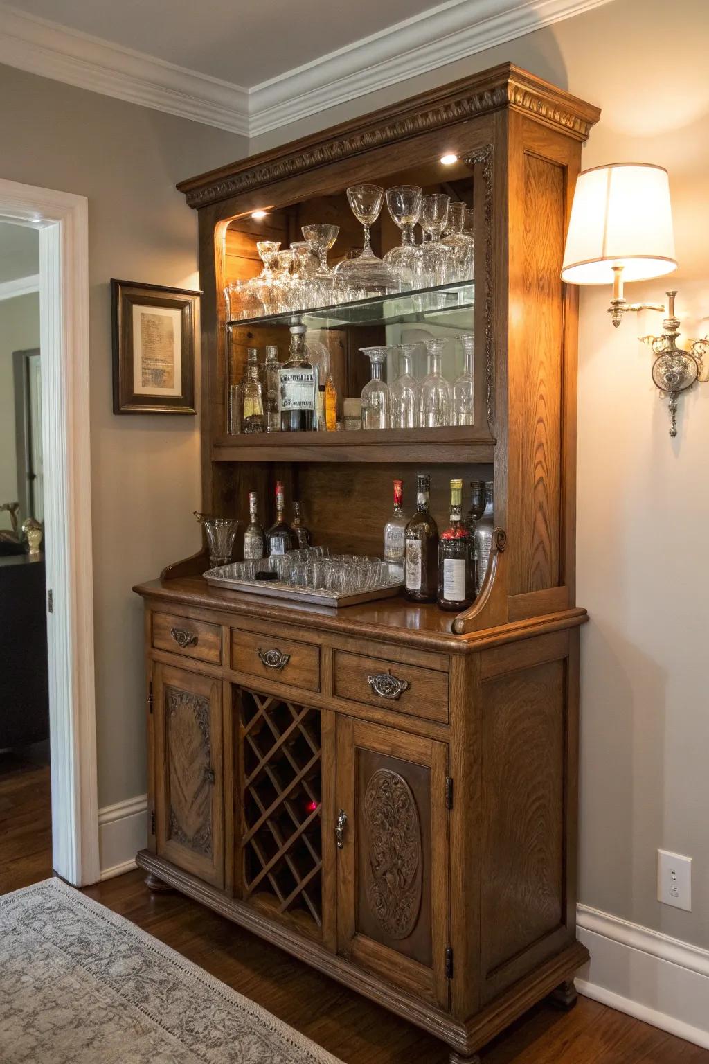 A vintage cabinet repurposed as a dry bar.