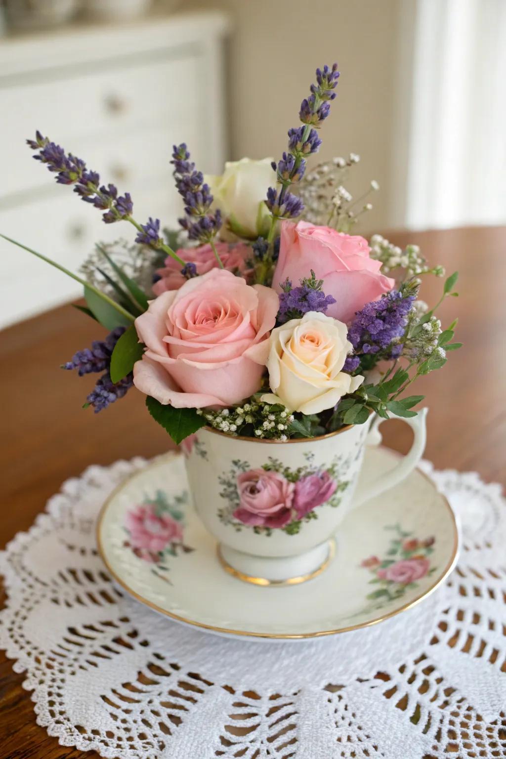 Vintage teacups create attractive flower displays.