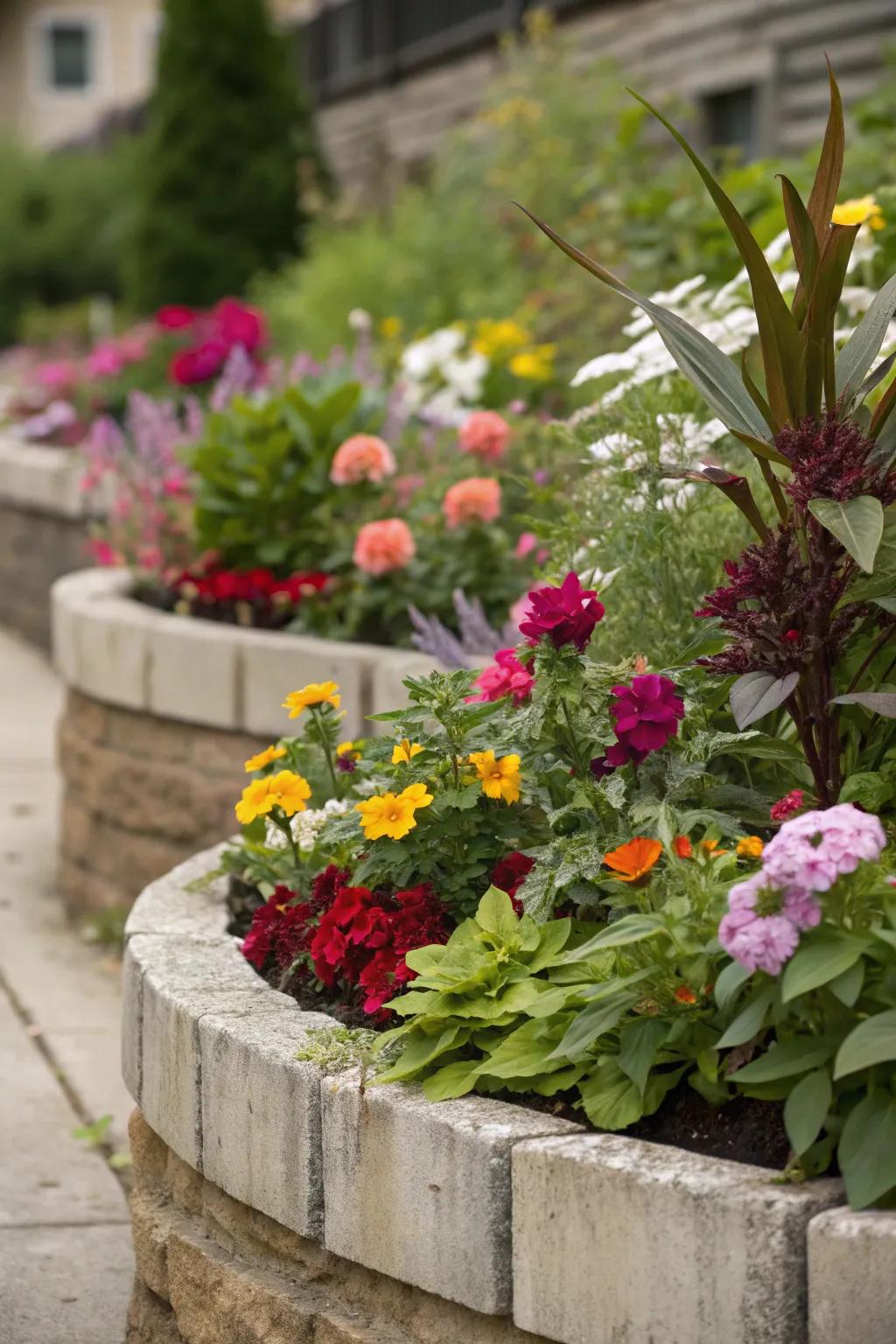 A tiered compact flower garden featuring an exquisite assortment of plants with varying heights and shades.